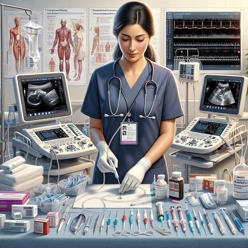 A vibrant and detailed illustration of a nurse preparing for a PICC line insertion, surrounded by medical equipment and guidelines, with a focus on professional nursing practice.