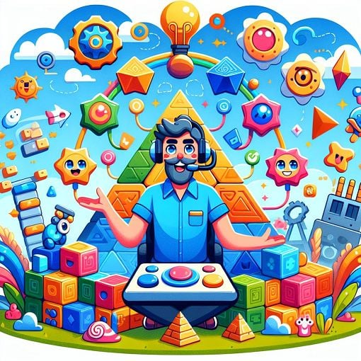 A colorful and whimsical illustration of a character resembling a game designer, surrounded by video game elements like blocks and shells, with a cartoonish background of pyramids and emotes.