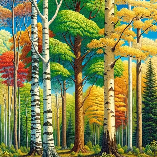 A vibrant forest scene showcasing various tree species with their leaves and bark details, including Striped Maple, Yellow Birch, and Sugar Maple, under a clear blue sky.