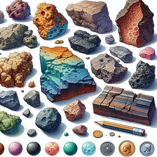 A detailed geological illustration showcasing various types of igneous rocks, their structures, and textures in a vibrant, educational style.