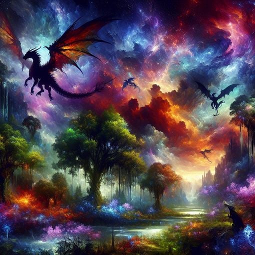 A vibrant fantasy landscape featuring magical elements such as dragons, a mystical forest, and a dramatic sky, evoking the world of Pendragon Prophecy.