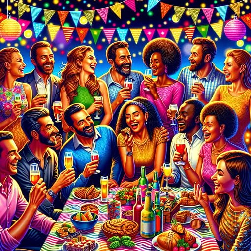 Create an image of a fun and colorful party scene, with people laughing and enjoying drinks in a lively atmosphere, highlighting social interactions and different types of alcoholic beverages.