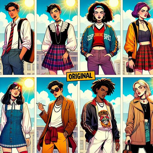 A vibrant and colorful illustration of various original characters in a school setting, each showcasing different clothing styles and personalities, under a sunny sky.