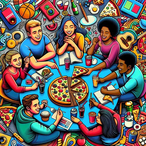 Create an engaging and colorful illustration of a diverse group of friends taking a fun quiz together, with food, drinks, and personality symbols around them.