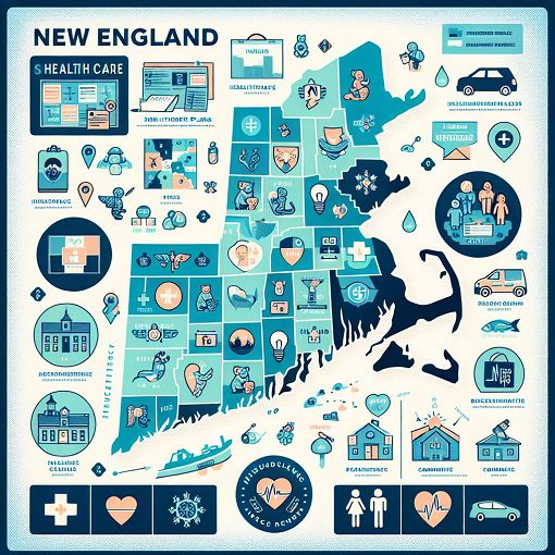 A professional and informative illustration of healthcare plans in New England, featuring maps of the New England states with icons representing insurance, healthcare providers, and small groups.