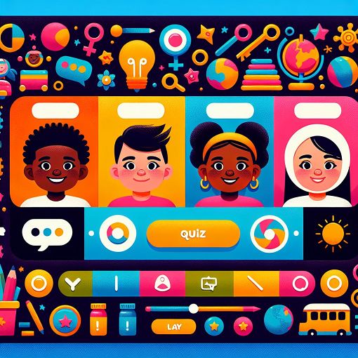 Create an image depicting a colorful, educational gender roles themed quiz interface that includes playful elements like toys, diverse children, and symbols of communication.