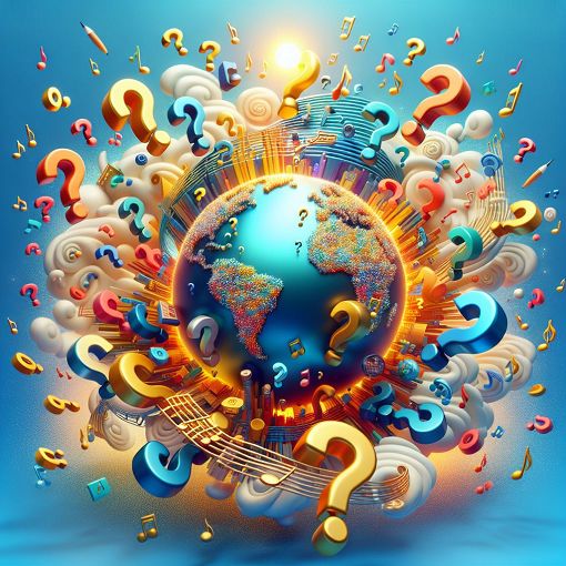 A colorful quiz-themed illustration featuring question marks, a globe, and musical notes, designed to engage and attract participants to the quiz challenge.