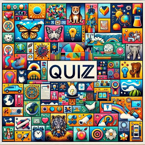 A colorful and engaging collage of various quiz topics including science, animals, history, and pop culture symbols, creating a vibrant and inviting atmosphere for a general knowledge quiz.