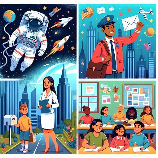 A colorful and engaging illustration depicting an astronaut, a postman, a city skyline, and a classroom with students, all in a whimsical, cartoonish style.