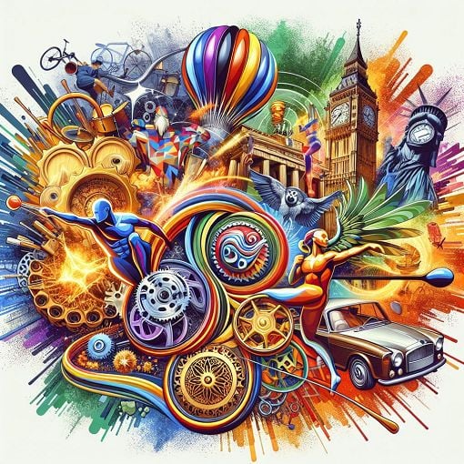 A colorful and vibrant image representing various quiz topics like sports, culture, and geography, featuring iconic symbols from Brazil, Switzerland, and Germany.