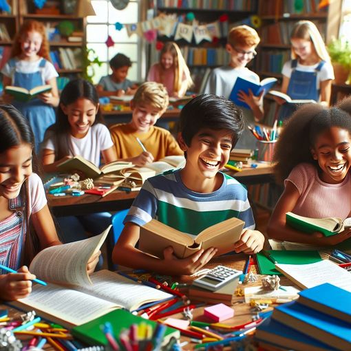 A classroom setting filled with books and stationery, featuring a diverse group of children engaged in learning grammar, cheerful and bright atmosphere.