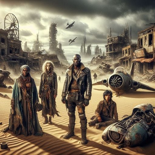 A dystopian landscape featuring a town of drifters, a broken robot, and a crashed Vertibird, with a post-apocalyptic atmosphere and ruins around.