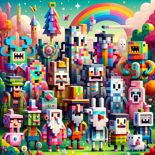 A vibrant illustration of diverse characters inspired by Minecraft, each showcasing different personalities and styles, set against a whimsical, colorful background.