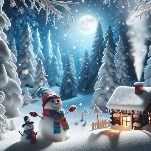 A whimsical winter landscape with snowflakes falling, a snowman, and a cozy cabin surrounded by snow-covered trees