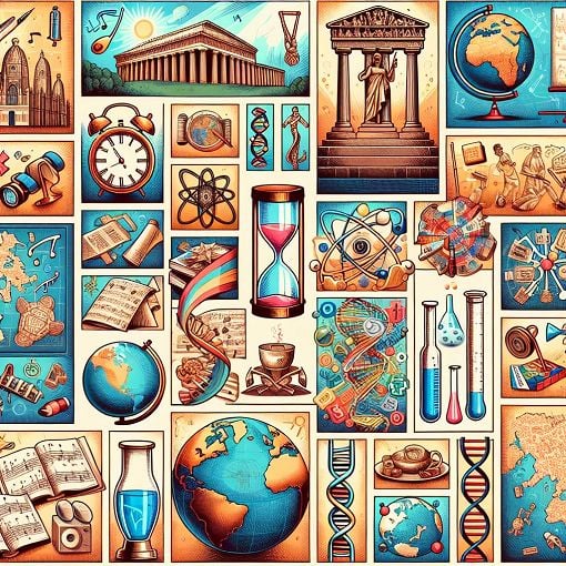 An illustrated collage depicting various quiz themes such as geography, history, science, and culture, with vibrant colors and engaging visuals.