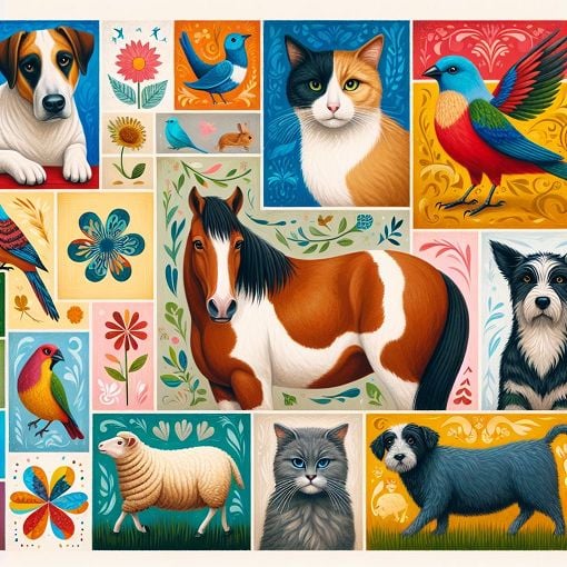 Generate an image of a colorful collage of various animals like a dog, cat, bird, and farm animals, symbolizing different personalities for a quiz about discovering one's inner animal.