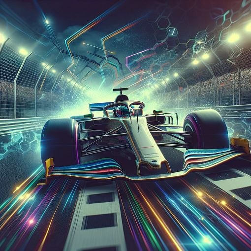 A dynamic racing scene depicting a formula-style car with emphasis on safety features and rule compliance, vibrant colors, showcasing an action-packed motorsport environment.