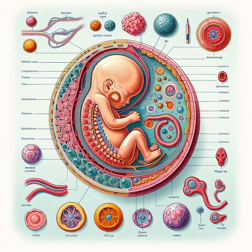 A detailed illustration of human fetal membranes and the gastrulation process, showcasing structures like the yolk sac, amnion, and placenta, with colorful annotations and labels