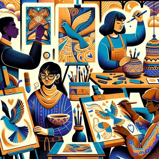 A vibrant and creative illustration depicting various students in an art studio, showcasing their unique styles, projects, and playful interactions with each other, in a colorful and lively atmosphere.