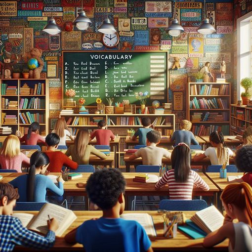 A colorful classroom setting with books, a chalkboard, and students engaged in a vocabulary quiz.