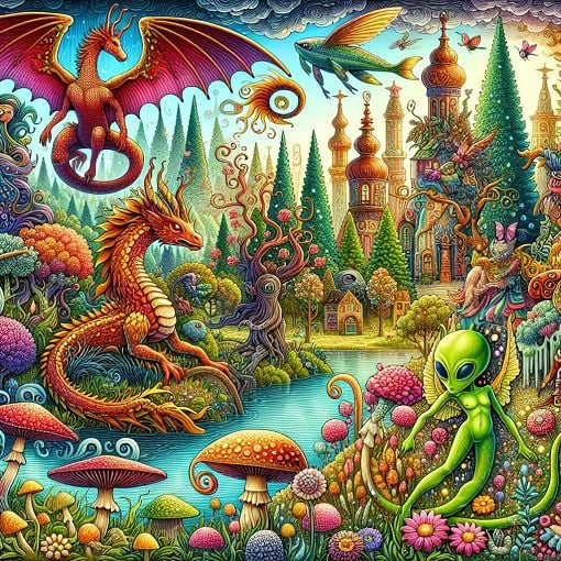 A whimsical and colorful illustration featuring various mythical creatures and characters such as dragons, mermaids, and aliens, set against a fantastical landscape with elements of both nature and a whimsical cityscape.