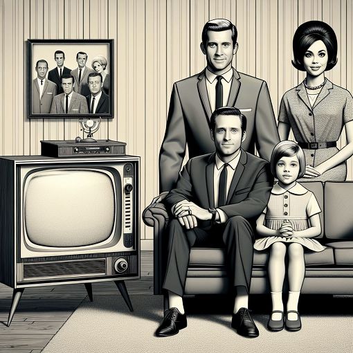 Create an image that features iconic characters from classic television shows, showcasing elements like a retro TV set, Brandy family members, and a vintage style living room.