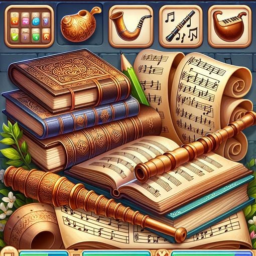 An educational quiz interface featuring elements of English literature and grammar, such as books, poetry, and musical instruments like the Shehnai.