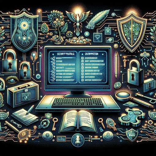 A detailed illustration of a cybersecurity exam setting, featuring a quiz interface with questions about security protocols, encryption, and network integrity, with visual elements symbolizing digital security like locks, shields, and keys.