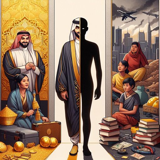 A thought-provoking illustration showing contrasting images of wealth and poverty, with a shadowy figure representing fate and destiny, surrounded by books symbolizing education and morality.