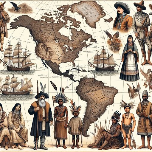 A detailed illustration of a historical map showing Native American tribes and routes of European explorers in the Americas, with images of ships and indigenous people in traditional attire