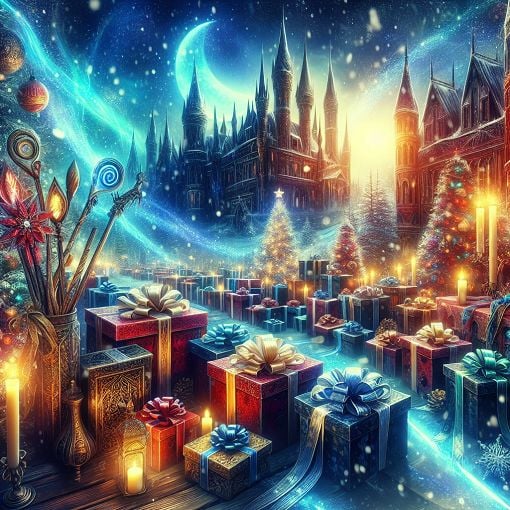 A vibrant and magical winter scene featuring Christmas gifts in a Hogwarts setting, with wands and other magical items, snowflakes falling, and a hint of the castle in the background.