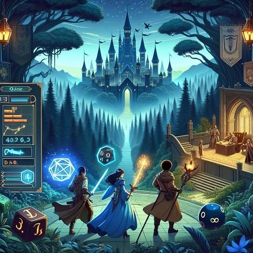 Create an engaging and visually appealing illustration depicting a digital game environment with characters interacting according to specific rules, symbols of governance, and elements that suggest a role-playing scenario.