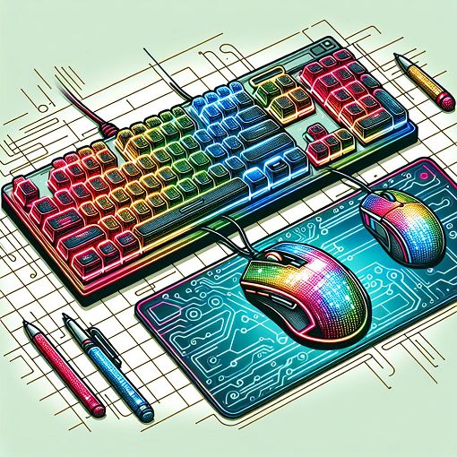 Create an illustration of a keyboard and mouse on a desk, with vibrant colors and a techy theme.