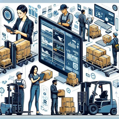 A detailed illustration depicting a warehouse environment with order processing and logistics in motion, featuring elements like shipping boxes, inventory management screens, and workers interacting with technology.