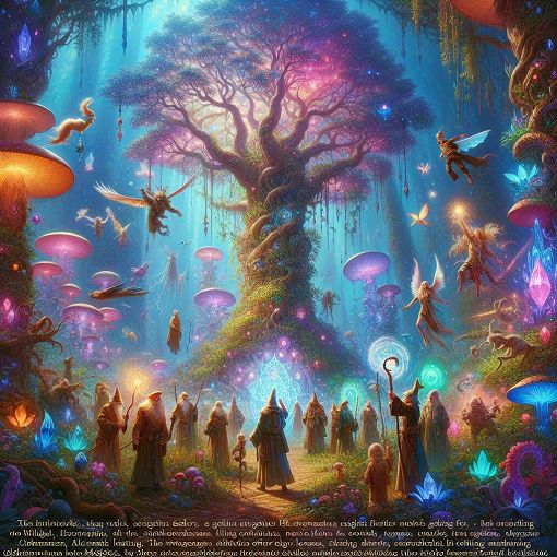 A fantasy-themed illustration depicting a mystical forest with various magical creatures and characters representing different archetypes of a society of spellcasters, vibrant colors and ethereal light, detailed and enchanting atmosphere.