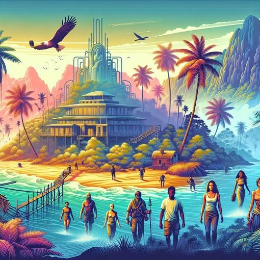 A vibrant illustration of a mysterious island with palm trees, a Dharma Initiative station in the background, and iconic characters from the TV show LOST exploring the area, with a misty and adventurous atmosphere.