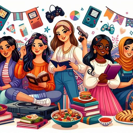 A vibrant, colorful illustration depicting different girls in the Traphouse universe, showcasing their unique styles, hobbies, and personalities, with playful elements like gaming consoles, books, and food.