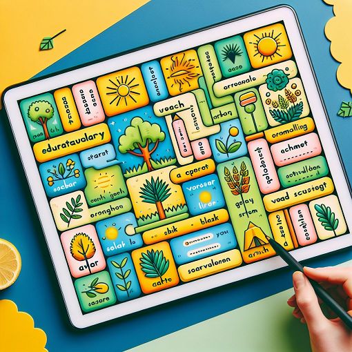 An educational-themed image featuring vocabulary words and a quiz layout, with bright colors and engaging illustrations.