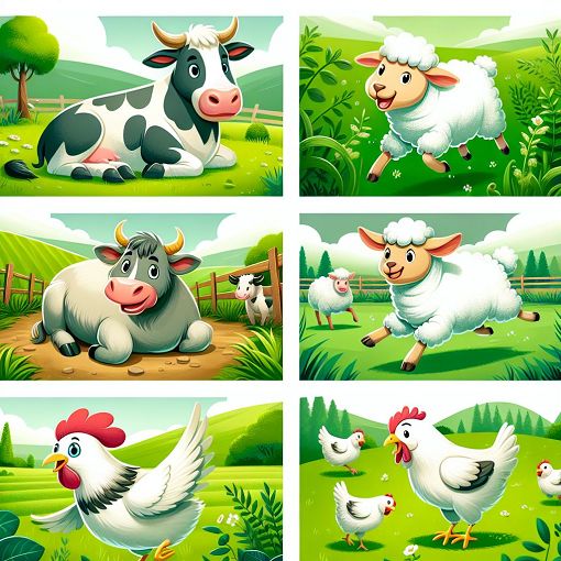 A colorful illustration of various farm animals including a cow, sheep, chicken, and actions like running, jumping, and swimming.