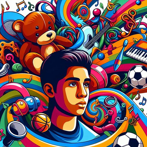 A vibrant and playful illustration depicting a young man named Neo surrounded by musical notes, sports equipment, and nostalgic items from childhood, in a colorful, cartoonish style.