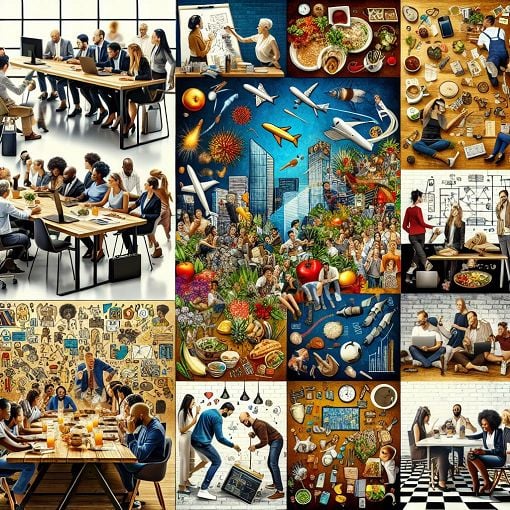 A vibrant collage of team activities, food, and game nights at a bustling office environment, capturing the spirit of collaboration and fun.