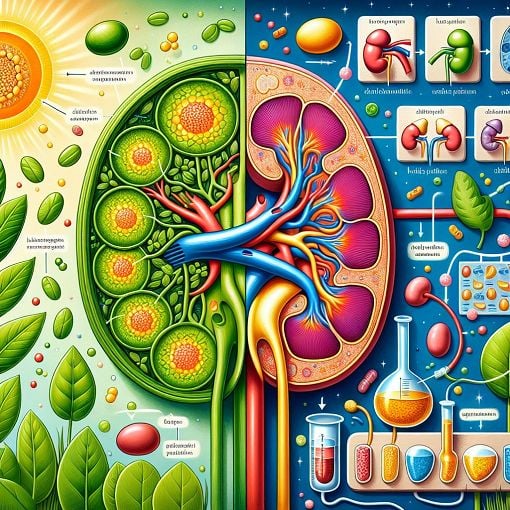 A detailed illustration showing the process of photosynthesis on one side and the human kidney's filtration mechanism on the other, colorful and educational, with diagrams of blood flow and plant cells.