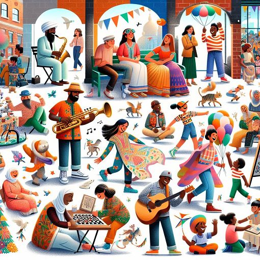 A colorful and whimsical illustration depicting diverse characters in playful outfits, engaging in various fun activities in a vibrant urban setting, embodying themes of identity, self-expression, and community.