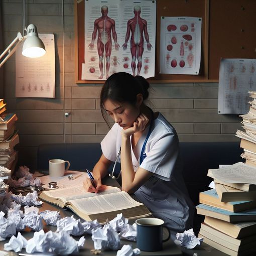 A nurse preparing for an exam, surrounded by medical textbooks and notes in a cozy study environment.