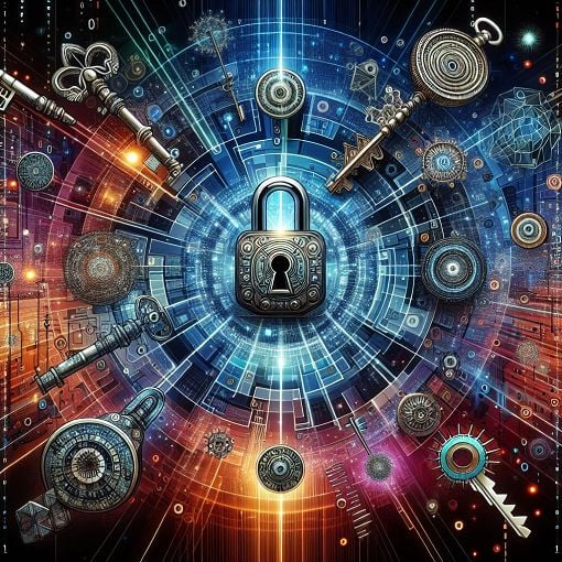 A visually engaging illustration of digital cryptography concepts, including locks, keys, and bits, with a modern and tech-inspired background.