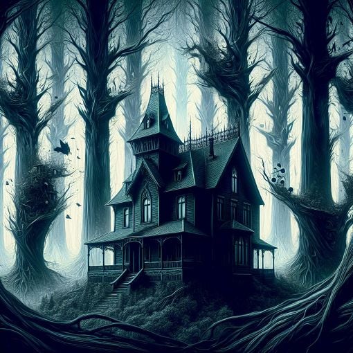 A dark, atmospheric illustration of a gothic house surrounded by a dense, ominous forest, symbolizing isolation and mental struggle, with hints of magical realism such as nailing objects to trees.