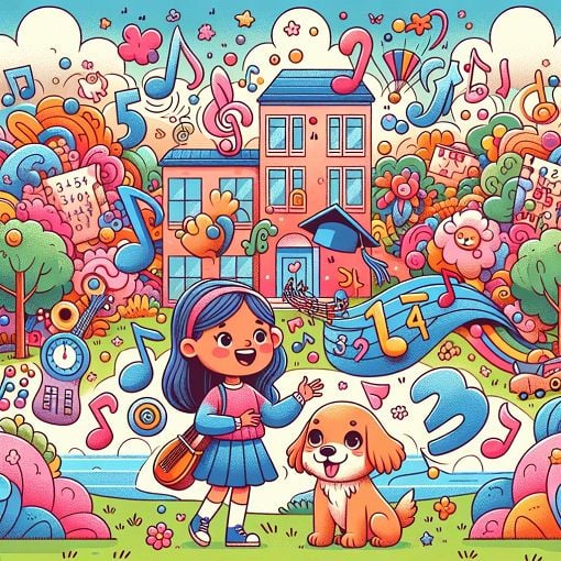 A colorful and vibrant illustration featuring fun elements that represent Bella's interests, such as a dog, favorite numbers, music notes, and a high school setting, all styled in a playful cartoon manner.