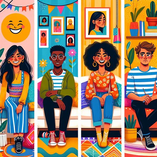 A vibrant and whimsical illustration of four distinct characters representing different personality types, set in a cozy living room with playful decor, evoking a fun roommate atmosphere.