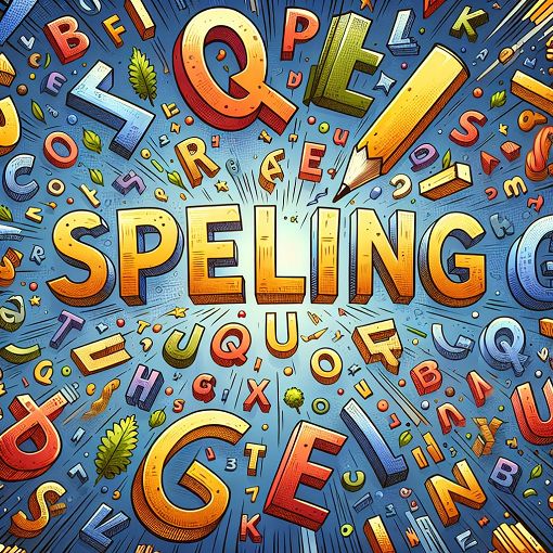 A colorful and engaging spelling quiz image, featuring the word 'Spelling' in large letters with various colorful letters floating around, representing different spelling challenges.