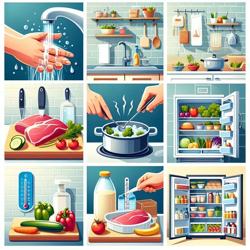 Create an image depicting food safety practices, including clean hands, separated foods, a thermometer checking meat temperatures, and a refrigerator with food organized correctly, in a bright and engaging style.